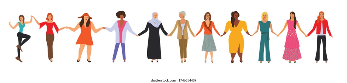 Happy women of different nationalities standing together and holding their hands. Flat cartoon characters isolated on white background.