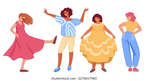 Happy women of different nations try on new clothes, dresses, trousers, blouses, shoes.
