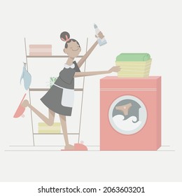 
Happy Women doing laundry at home. Young lady holding basket with clean clothes stand near washing machine. Housewife doing laundry. Laundry service and housework concept.
