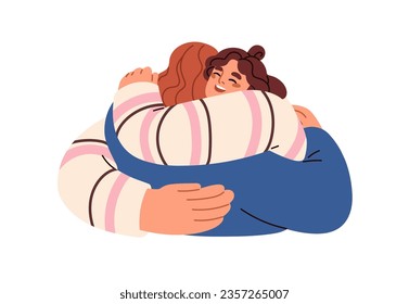 Happy women embracing. Excited girls glad to meet, welcoming with warm hug. Smiling female friends, sisters cuddling. Long-awaited reunion. Flat vector illustration isolated on white background