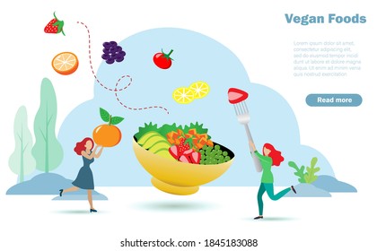 Happy women enjoy eating vegan foods, organic fruits vegetables and peas. Idea for balancing proper nutrition foods in appropriate porportion. Nutrition and diet, vegan foods concept.