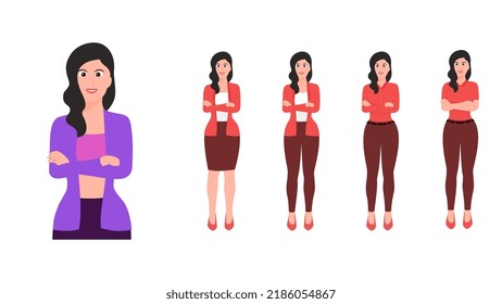 Happy women in folded arm pose, beautiful women arm crossed flat character vector set 
