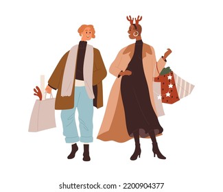 Happy women friends carrying shopping bags with Christmas purchases, gifts, decoration. Girls going with Xmas presents for winter holiday. Flat graphic vector illustration isolated on white background