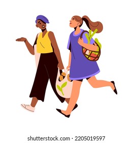 Happy women friends carrying tote and mesh bags from grocery store, food market. Modern girls going, walking, talking after shopping. Flat graphic vector illustration isolated on white background