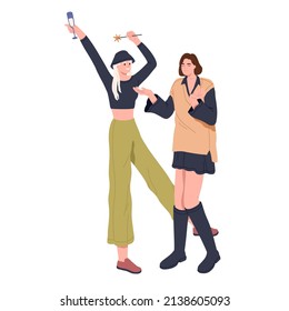Happy women friends, couple celebrate birthday holiday with champagne glass and sparkler. Girlfriend rejoicing, congratulating at festive party. Flat vector illustration isolated on white background