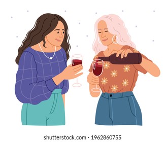 Happy women friends drink red wine.Simple Hand drawn illustration.