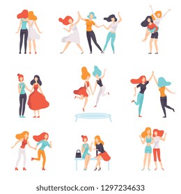 Happy Women Friends Having Good Time Together Set, Beautiful Women in Different Situations, Female Friendship Vector Illustration