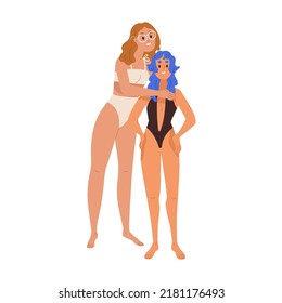 Happy women friends portrait. Girls of different height standing together, hugging. Modern females, tall and short small, in swimwear. Flat graphic vector illustration isolated on white background