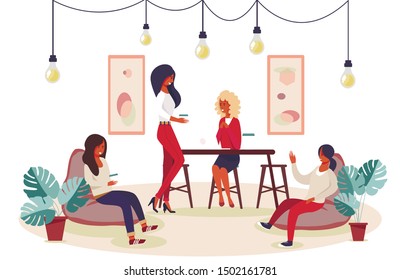 Happy Women Gathering for Hen-Party or Fun Cartoon. Female Friends Group Resting, Drinking Coffee and Communicating in Common Area. Friendship and Communication. Vector Flat Illustration