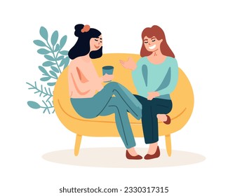 Happy women girlfriends chatting at home sitting on the sofa with a cup of coffee or waiting for their turn, isolated vector illustration on a white background