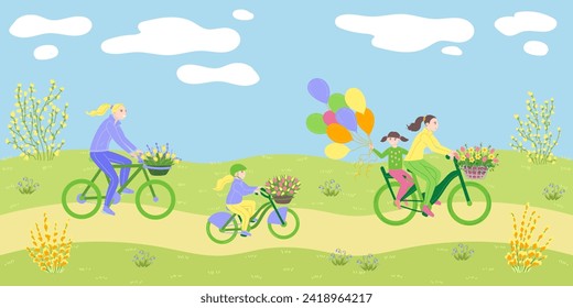 Happy women and girls cycling at springtime in flat cartoon design. Mothers and daughters ride bikes with spring bouquet baskets and balloons in park with first flowers and trees. Vector illustration