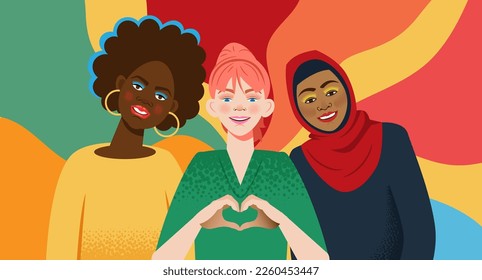 Happy women or girls of different races stand together and show a heart sign with their hands. Feminist girlfriends, sisterly soyue of women. Flat cartoon characters. Bright vector illustration