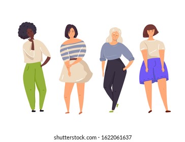 Happy women or girls. Group of female friends, union of feminists, sisterhood. Flat cartoon characters isolated on white background. Vector illustration.