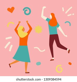 Happy women or girls standing and dancing together. Group of female friends, union of feminists, sisterhood. Flat cartoon characters isolated on  background. Colorful vector illustration