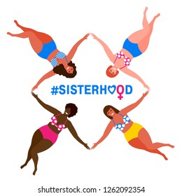 Happy women or girls standing together and holding hands. Group of female friends, union of feminists, sisterhood.
