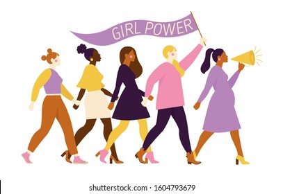 Happy women or girls standing together . Group of female friends, union of feminists, sisterhood. Flat cartoon characters isolated on white background. Colorful vector illustration.