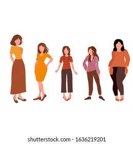 Happy women or girls standing together and holding hands. Women's friendship, union of feminists or sisterhood.  The concept of the female's empowerment movement. Colorful vector illustration.