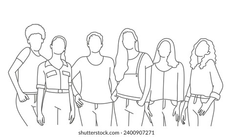 Felices mujeres o niñas paradas juntas. Ilustración vectorial dibujada a mano. Blanco y negro.