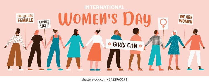 Happy women or girls standing together and holding hands. Group of female friends, union of feminists, sisterhood. Flat cartoon characters isolated vector illustration.