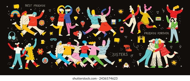 Happy women or girls together and holding hands. Group of female friends, union of feminists, sisterhood. Flat cartoon characters isolated on the background. Colorful vector illustration.