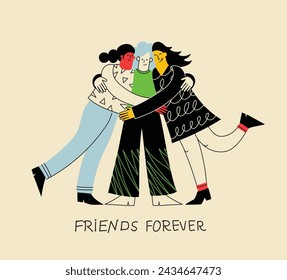 Happy women or girls together and hugging. Group of female friends, union of feminists, sisterhood. Flat cartoon characters isolated on the background. Colorful vector illustration.