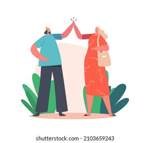 Happy Women Giving High Five. Girl Friends Greeting or Supporting Each Other. Female Characters Informal Hi Gesture. Concept of Friendship, Partnership and Success. Cartoon People Vector Illustration