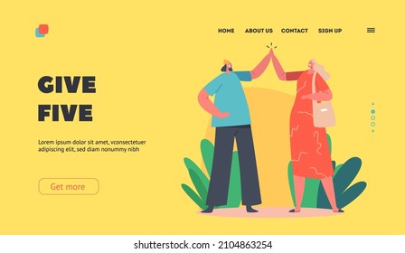 Happy Women Giving High Five Landing Page Template. Girl Friends Greeting or Supporting Each Other. Female Characters Informal Hi Gesture, Friendship, Partnership. Cartoon People Vector Illustration