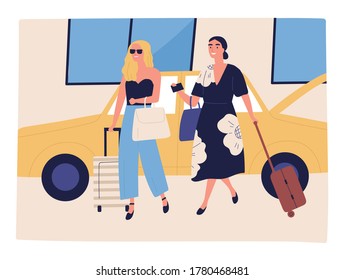 Happy women going on vacation with baggage near yellow taxi. Depart, arrival to airport. woman in hurry for journey, trip, holiday with luggage. Summer tourism in flat vector cartoon illustration