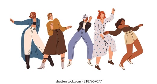 Happy women group dancing with fun, joy. Girls friends dancers moving to disco music at party. Modern fashion positive female characters. Flat vector illustration isolated on white background