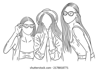 Happy Women group Girl Best Friend love line art hand drawn style illustration