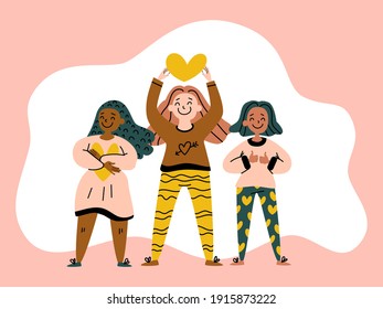 Happy women group standing together. Women's friendship, love, health care illustration. Positive girls of different skin color. Support, acceptance, body positive concept. Vector stock Eps happy card