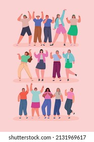 happy women groups over pink