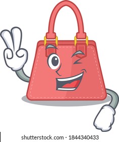 Happy women handbag cartoon design concept show two fingers