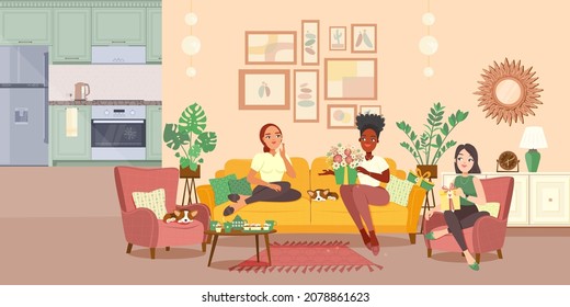 Happy women having fun at the birthday party. Concept illustration woman with flowers. Home interior scene. Vector flat plane style.