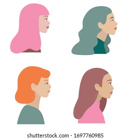 Happy Women head faces icons in flat modern design. Women's friendship, union of feminists or sisterhood concept. Hand drawn vector illustration, isolated on background