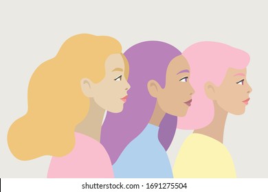 Happy Women head faces profile in flat modern design. Women's friendship, union of feminists or sisterhood concept. Hand drawn vector illustration, isolated on background
