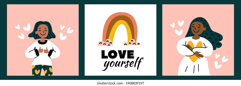 Happy women, hearts, rainbow illustration collection. Topics: love yourself, be positive, acceptance, confident, self care. Poster, print set. Stock Eps drawing, motivation quote. Love yourself - text