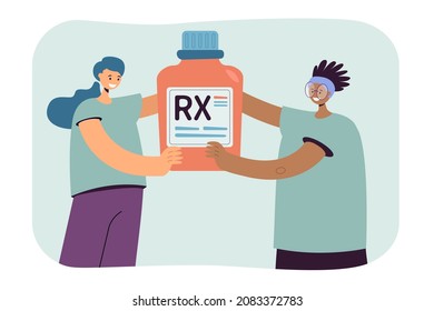 Happy Women Holding Bottle With Rx Label Together. Female Characters With Medical Prescription Or Medication Flat Vector Illustration. Health, Medicine, Pharmacy Concept For Banner, Website Design