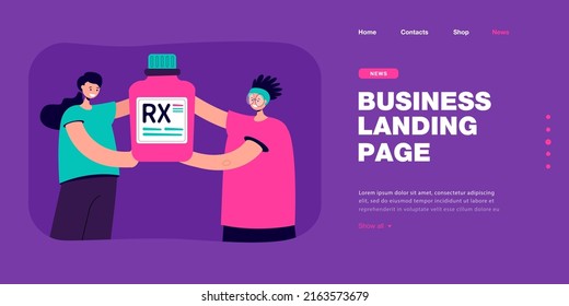 Happy Women Holding Bottle With Rx Label Together. Female Characters With Medical Prescription Or Medication Flat Vector Illustration. Health, Medicine, Pharmacy Concept For Banner, Website Design