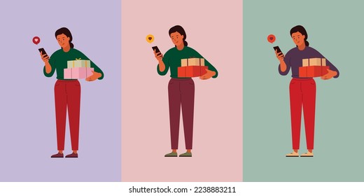 Happy women holding Christmas gift boxes. Winter holiday gift boxes. Flat human vector illustration on isolated background. Christmas gifting and celebration.