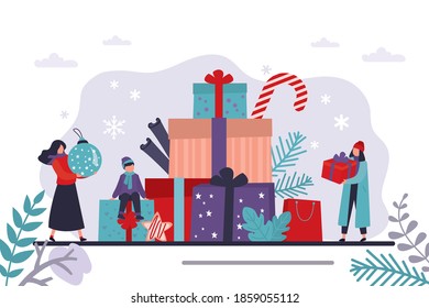 Happy women holds presents and toys, preparation for winter holidays. Xmas eve. Boxing day. Big stack of christmas gifts. New year celebration, horizontal concept banner. Flat vector illustration