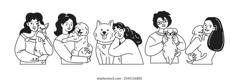 Mujeres felices que abrazan a los perros amados iconos lineales colección. Dueñas de mascotas con personajes de animales domésticos sobre fondo blanco