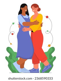 Happy women hugging concept. Love and romance, great relationship between young girls. Lesbian happy vouple and family, lgbtq. Tolerance and freedom. Cartoon flat vector illustration