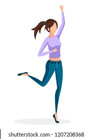 Happy women in jeans jumping. Cartoon character. No face design. Flat vector illustration isolated on white background.