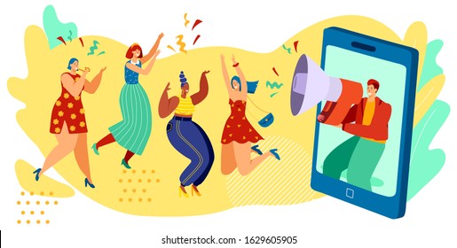 Happy women jumping and dancing, megaphone announcement concept, vector illustration. People having fun together, listening to music from mobile phone. Excited woman cartoon character celebrating