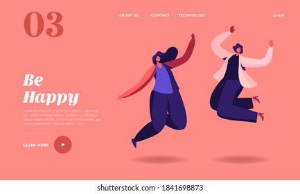 Happy Women Jumping Landing Page Template. Young Joyful Female Characters Jump or Dancing with Raised Hands. Happiness, Freedom, Motion and Motivational Concept. Cartoon People Vector Illustration