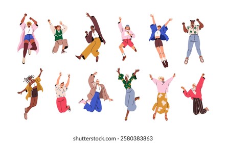 Happy women jumping up, set. Joyful excited females celebrating victory, triumph, success, flying with active energy, joy, fun, festive emotions. Flat vector illustration isolated on white background