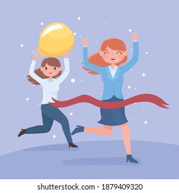 happy women leadership with light bulb and crossing goal vector illustration