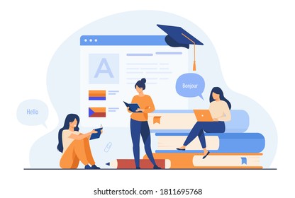 Happy women learning language online isolated flat vector illustration. Cartoon female characters taking individual lessons through messenger. Education and digital technology concept