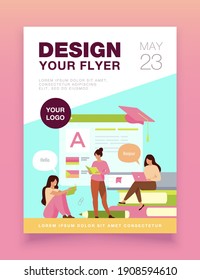 Happy women learning language online isolated flat vector illustration. Cartoon female characters taking individual lessons through messenger. Education and digital technology concept
